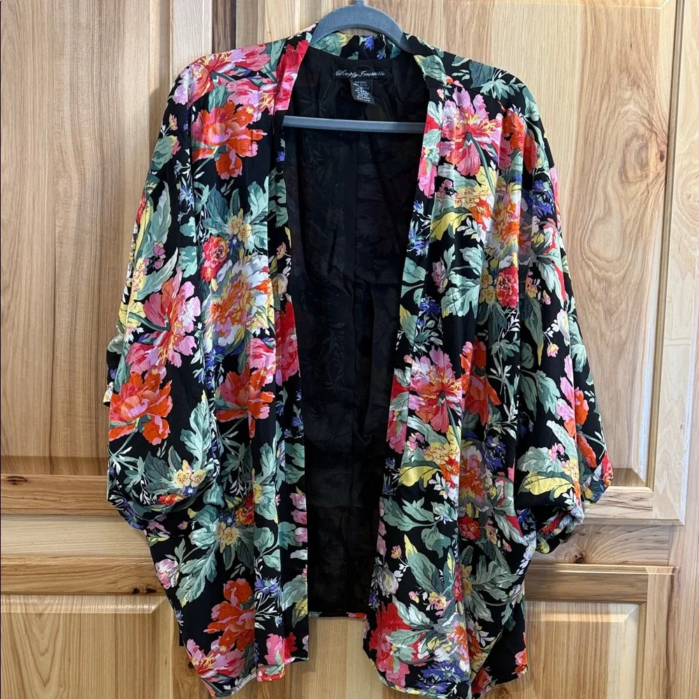 Simply Irresistible Black Colorful Floral Elbow Sleeve Boho Kimono Blazer Sz XL